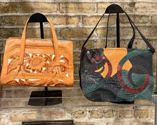 Closeup of some of the vintage handbags available