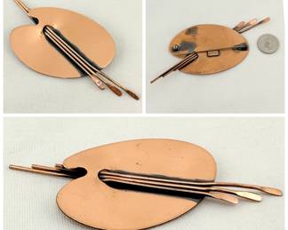 Vintage 1950s - 1960s signed RENOIR copper 'artist palette with brushes' brooch, elegant mid century modernist art from the Renoir company, founded in 1946 in Hollywood.