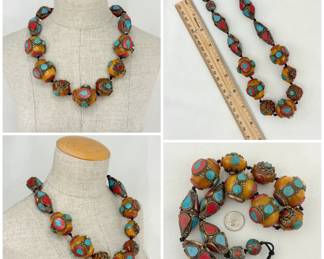 Very cool vintage Tibetan / Nepalese beeswax bead necklace with silver and turquoise