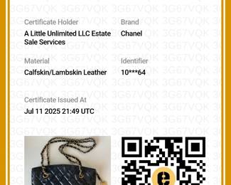 Certificate of Authenticity for the vintage Chanel lambskin Matelassé shoulder bag, navy with plate charm and chain handle; authenticated with Entrupy