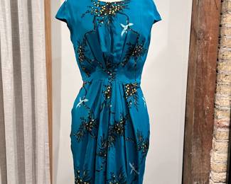 Amanda Uprichard 100% silk dress, turquoise blue with flowers and white birds, size L