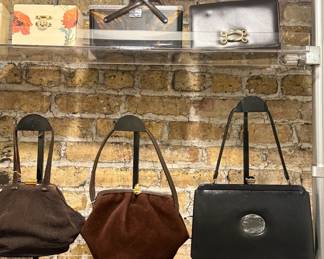 Closeup of some of the vintage handbags available