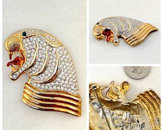Jaguar head brooch, gold tone with enamel and pavé rhinestones