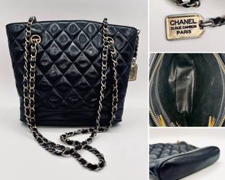 More views of the vintage Chanel lambskin Matelassé shoulder bag, navy with plate charm and chain handle; authenticated with Entrupy