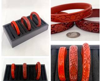 Brilliant red cinnabar bangle bracelets with beautiful carving