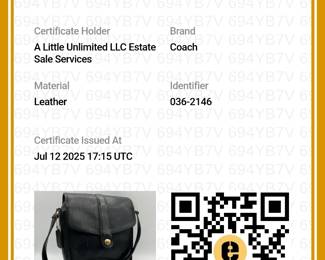 Certificate of Authenticity for the COACH Scout black leather crossbody handbag, authenticated by Entrupy