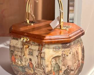 Vintage 1970s Anton Pieck wooden decoupage octagon box purse with metal handle