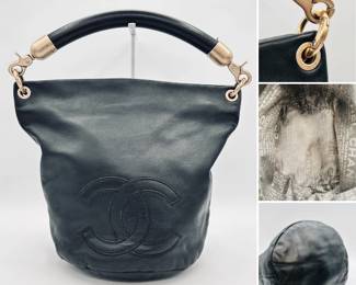 More views of the vintage Chanel CC mark bucket black leather tote bag, authenticated by Entrupy