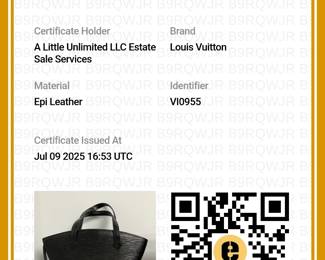 Certificate of Authenticity for the vintage Louis Vuitton black Epi leather Saint Jacques handbag