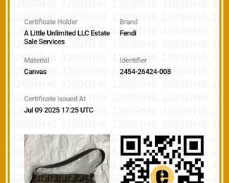 Certificate of Authenticity from Entrupy for the Fendi Zucca Baguette Classic Print Fendi Monogram bag