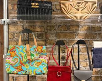 Closeup of some of the vintage handbags available