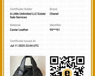Certificate of Authenticity for the Chanel perforated CC bowler bag, caviar leather; authenticated by Entrupy