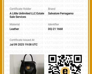 Certificate of Authenticity by Entrupy for the Salvatore Ferragamo 2WAY Bag Shoulder Handbag, black leather with gold hardware