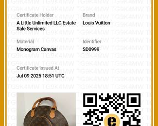 Certificate of Authenticity by Entrupy for the Louis Vuitton Monogram Canvas Ellipse PM Bag