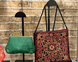 Closeup of some of the vintage handbags available