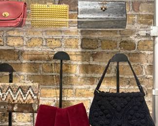 Closeup of some of the vintage handbags available