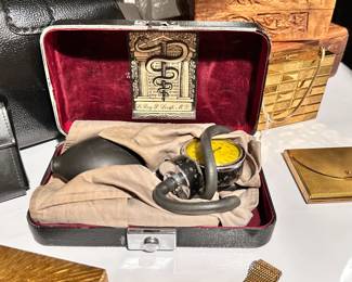 Antique Sphygmomanometer Blood Pressure Cuff in lined metal case / box, inside label from Le Roy P. Levitt, M.D.