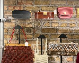 Closeup of some of the vintage handbags available