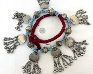 Another view of the stunning vintage Afghan tribal Kuchi glass beads and old coins necklace or belt