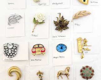 Brooches from Lisner, Bob Mackie, Swarovski, Gerrys, Wedgwood, Trifari, Yosca, Parklane, Eisenberg, Monet, Hogan Bolas, and more