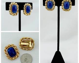 Pair of vintage Dior gold rope and blue stone clip earrings