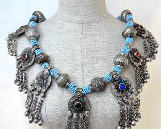 A stunning vintage Afghan tribal Kuchi glass beads and old coins necklace or belt