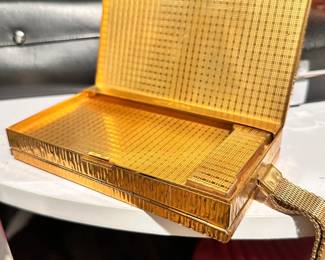 Vintage art deco style gold embossed metal vanity purse / wristlet or dance compact