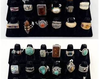 Cool selection of rings, some sterling silver; carved, studded, filigreed; adorned with natural stones, abalone shell, amethyst, turquoise, malachite – many styles to choose from!