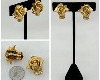 Pair of vintage Erwin Pearl gold tone rose flower and rhinestone clip earrings