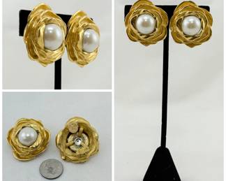 Fabulous vintage Givenchy gold tone rose shape and faux pearl clip on earrings