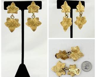 Beautiful pair of vintage Christian Dior double ivy leaf gold tone clip earrings