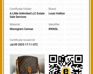 Certificate of Authenticity for the Louis Vuitton Monogram Cartouchiere crossbody bag, issued by Entrupy.