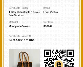 Certificate of Authenticity for the Louis Vuitton monogram petite bucket bag, authenticated by Entrupy