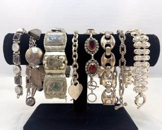 A variety of styles in sterling silver bracelets - set with stones, or chunky links, or delicate chains