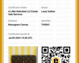 Certificate of Authenticity for the vintage Louis Vuitton wallet, authenticated by Entrupy