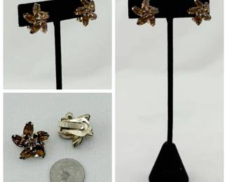 Pair of Weiss brown rhinestone flower shape clip earrings
