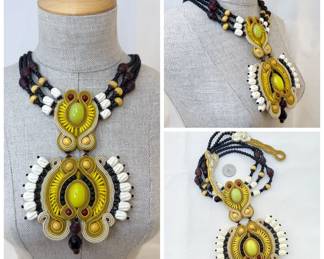 Colorful vintage soutache and beaded pendant necklace