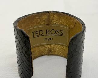 Closeup of Ted Rossi NYC snakeskin cuff bracelet