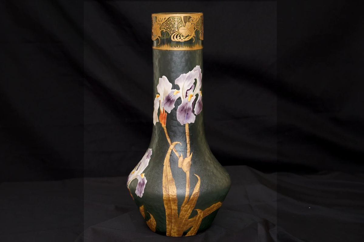 A large Legras Mont Joye art glass vase, beautiful art nouveau design of blooming purple and white irises with gilt leaves against a textured frosted green glass ground, the rim with organic forms and scrolls of gilt. Mont Joye L C mark to the base.