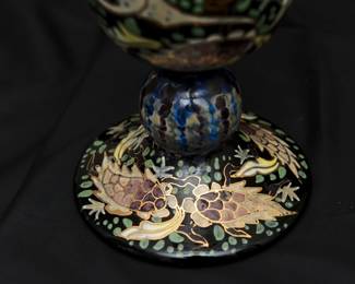 Closeup of fine vintage polychrome enameled and gilt art glass vase, stags in a forest setting, by Genis Cirera Casanovas (1890-1970), signed.