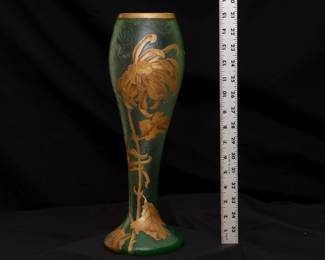 Breathtaking 15-inch high antique French art glass vase - a large Mont Joye Legras green glass vase enameled with a graceful chrysanthemum, acid etched surface, with Mont Joye L C mark on the base. Art Nouveau beauty.