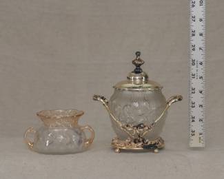Antique hand blown glass two-handled vase, and antique frosted art glass jam jar with Reed & Barton silver plated lid and stand