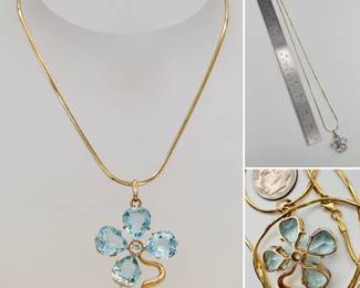 14k yellow gold diamond and aquamarine flower (or four leaf clover) pendant necklace