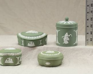 Four Wedgwood sage green jasper ware lidded boxes