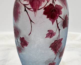 Another view of the French Art Nouveau cameo glass vase, Legras 'Rubis' series circa 1910, acid etched surface and cameo carved purplish red trailing ivy vines, Legras signature