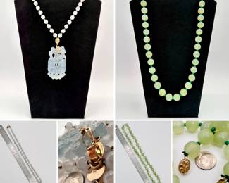 14k yellow gold and jade bead necklace with carved pierced jade pendant of mythical creature and a bat; and a 14k yellow gold and jade bead necklace
