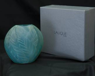 Another view of the signed Lalique France 'Filicaria' crystal vase, blue green glass with raised leaf design (comes with original Lalique presentation box)
