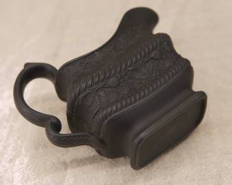 Another view of the Wedgwood black basalt 'strawberries' creamer, with a sprig band of fruiting strawberry plants around the body, and fruiting grapevines beneath the rim
