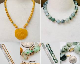 A fantastic 14k yellow gold and honey color jade bead necklace with two carved jade koi fish on the clasp, and a 14k gold and carved bead necklace