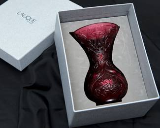 A signed Lalique France 'Arabesque' vase in rich ruby red color, with original Lalique presentation box